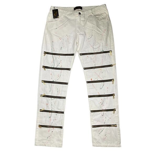 Mens White Jeans Size Straight Leg Veyron Calanari Denim Paint‎ Splatter 40 New - Picture 1 of 14